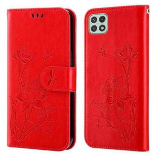 For Samsung Galaxy A22 5G Lotus Embossed Flip Leather Phone Case(Red)