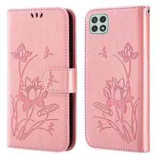 For Samsung Galaxy A22 5G Lotus Embossed Flip Leather Phone Case(Pink)