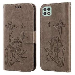 For Samsung Galaxy A22 5G Lotus Embossed Flip Leather Phone Case(Grey)