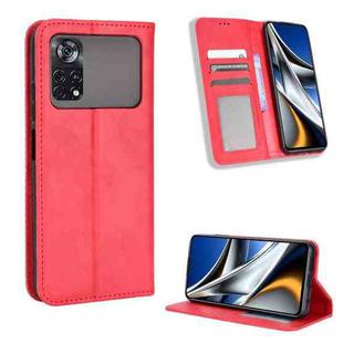 For Xiaomi Poco M4 Pro 4G Fine Hole Magnetic Buckle Retro Texture Leather Phone Case(Red)