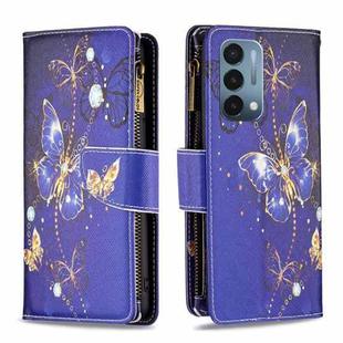 For OnePlus Nord N200 5G Colored Drawing Pattern Zipper Horizontal Flip Phone Leather Case(Purple Butterfly)
