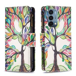 For OnePlus Nord N200 5G Colored Drawing Pattern Zipper Horizontal Flip Phone Leather Case(Tree)