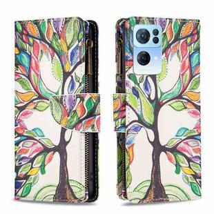 For OPPO Reno7 5G Global Colored Drawing Pattern Zipper Horizontal Flip Phone Leather Case(Tree)