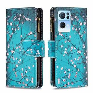 For OPPO Reno7 5G Global Colored Drawing Pattern Zipper Horizontal Flip Phone Leather Case(Plum Blossom)