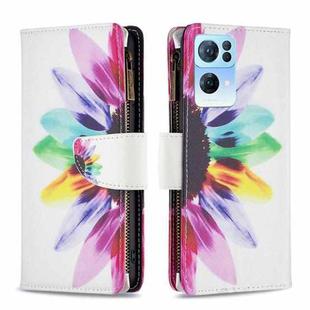 For OPPO Reno7 5G Global Colored Drawing Pattern Zipper Horizontal Flip Phone Leather Case(Sun Flower)