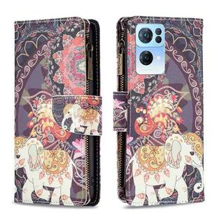 For OPPO Reno7 5G Global Colored Drawing Pattern Zipper Horizontal Flip Phone Leather Case(Flower Elephants)