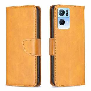 For OPPO Reno7 5G Global Lambskin Texture Leather Phone Case(Yellow)