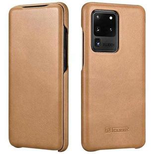 For Samsung Galaxy S20 Ultra ICARER First Layer Cowhide Flip Phone Case(Khaki)