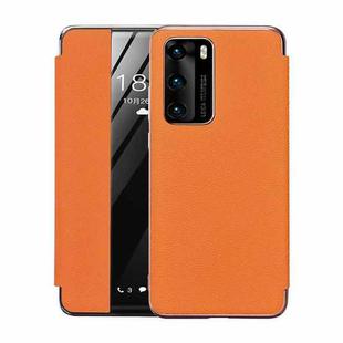 For Huawei P40 Plating Grain Cowhide Leather Flip Phone Case(Orange)