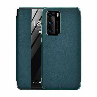 For Huawei P40 Plating Grain Cowhide Leather Flip Phone Case(Green)