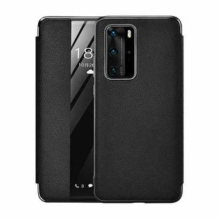 For Huawei P40 Pro Plating Grain Cowhide Leather Flip Phone Case(Black)