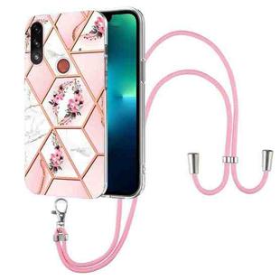 For Motorola Moto E7 Power / E7i Power Splicing Marble Flower Pattern TPU Phone Case with Lanyard(Pink Flower)