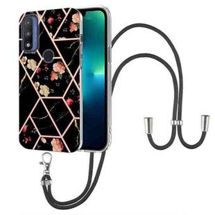 For Motorola Moto G Pure Splicing Marble Flower Pattern TPU Phone Case with Lanyard(Black Flower)