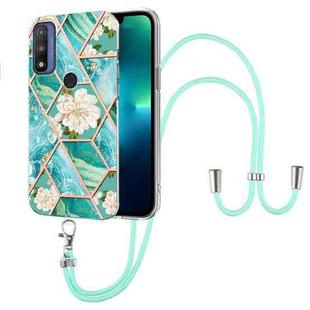 For Motorola Moto G Pure Splicing Marble Flower Pattern TPU Phone Case with Lanyard(Blue Flower)
