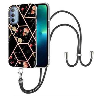 For Motorola Moto G31 / G41 Splicing Marble Flower Pattern TPU Phone Case with Lanyard(Black Flower)