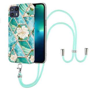 For Motorola Moto G50 5G Splicing Marble Flower Pattern TPU Phone Case with Lanyard(Blue Flower)