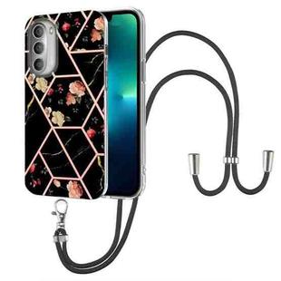 For Motorola Moto G51 5G Splicing Marble Flower Pattern TPU Phone Case with Lanyard(Black Flower)