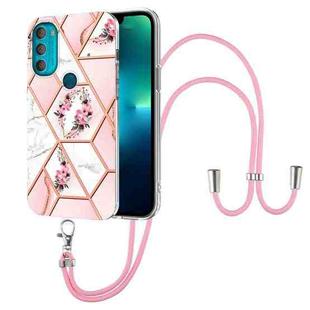 For Motorola Moto G71 5G Splicing Marble Flower Pattern TPU Phone Case with Lanyard(Pink Flower)