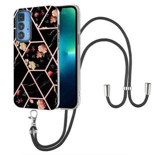 For Motorola Edge 20 Pro Splicing Marble Flower Pattern TPU Phone Case with Lanyard(Black Flower)