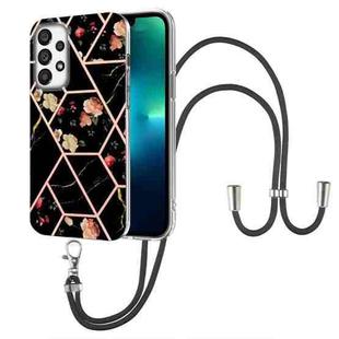 For Samsung Galaxy A73 5G Splicing Marble Flower Pattern TPU Phone Case with Lanyard(Black Flower)