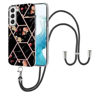 For Samsung Galaxy S22 5G Splicing Marble Flower Pattern TPU Phone Case with Lanyard(Black Flower)