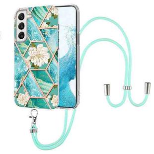 For Samsung Galaxy S22 5G Splicing Marble Flower Pattern TPU Phone Case with Lanyard(Blue Flower)