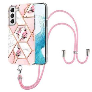 For Samsung Galaxy S22+ 5G Splicing Marble Flower Pattern TPU Phone Case with Lanyard(Pink Flower)