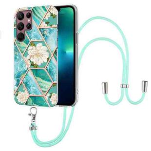 For Samsung Galaxy S22 Ultra 5G Splicing Marble Flower Pattern TPU Phone Case with Lanyard(Blue Flower)