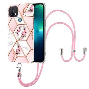 For OPPO A15 / A15s Splicing Marble Flower Pattern TPU Phone Case with Lanyard(Pink Flower)