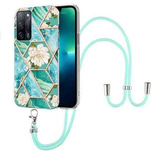 For OPPO A53s 5G / A55 5G / A54 4G / A16 Splicing Marble Flower Pattern TPU Phone Case with Lanyard(Blue Flower)