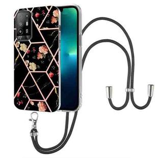 For OPPO A94 5G / A95 5G Splicing Marble Flower Pattern TPU Phone Case with Lanyard(Black Flower)