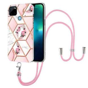 For OPPO Realme C21Y Splicing Marble Flower Pattern TPU Phone Case with Lanyard(Pink Flower)