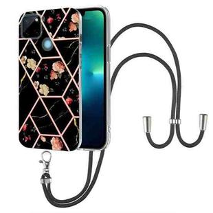 For OPPO Realme C21Y Splicing Marble Flower Pattern TPU Phone Case with Lanyard(Black Flower)