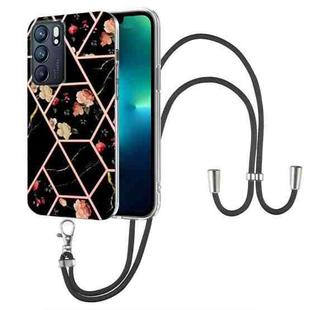 For OPPO Reno6 5G Splicing Marble Flower Pattern TPU Phone Case with Lanyard(Black Flower)