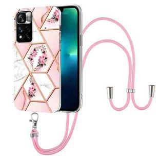 For Xiaomi Redmi Note 11 Pro / Note 11 Pro+ Splicing Marble Flower Pattern TPU Phone Case with Lanyard(Pink Flower)