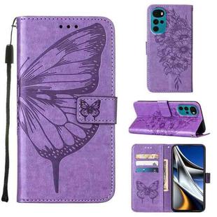 For Motorola Moto G22 Embossed Butterfly Leather Phone Case(Light Purple)