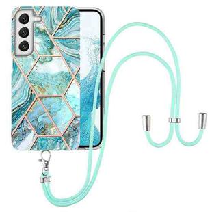 For Samsung Galaxy S22 5G Electroplating Splicing Marble TPU Phone Case with Lanyard(Blue)