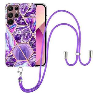 For Samsung Galaxy S22 Ultra 5G Electroplating Splicing Marble TPU Phone Case with Lanyard(Dark Purple)