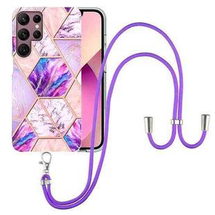 For Samsung Galaxy S22 Ultra 5G Electroplating Splicing Marble TPU Phone Case with Lanyard(Light Purple)