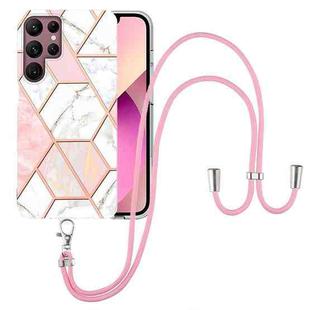 For Samsung Galaxy S22 Ultra 5G Electroplating Splicing Marble TPU Phone Case with Lanyard(Pink White)