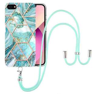 For iPhone SE 2022 / SE 2020 / 8 / 7 Electroplating Splicing Marble TPU Phone Case with Lanyard(Blue)
