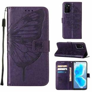 For OPPO A55s 5G Global Embossed Butterfly Leather Phone Case(Dark Purple)