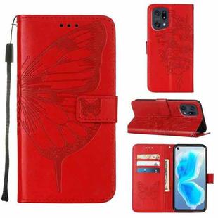 For OPPO Find X5 Pro Embossed Butterfly Leather Phone Case(Red)