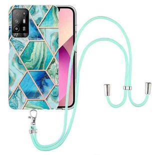 For OPPO A94 5G / A95 5G Electroplating Splicing Marble TPU Phone Case with Lanyard(Green)