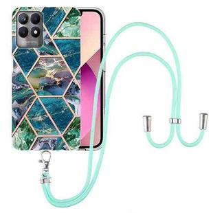 For OPPO Realme 8i Electroplating Splicing Marble TPU Phone Case with Lanyard(Blue Green)