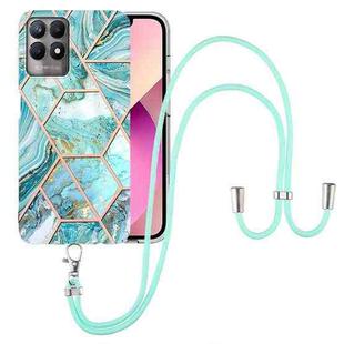 For OPPO Realme 8i Electroplating Splicing Marble TPU Phone Case with Lanyard(Blue)