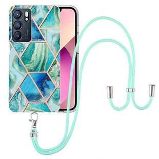 For OPPO Reno6 5G Electroplating Splicing Marble TPU Phone Case with Lanyard(Green)