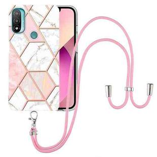 For Motorola Moto E20 / E30 / E40 Electroplating Splicing Marble TPU Phone Case with Lanyard(Pink White)