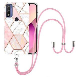 For Motorola Moto G Pure Electroplating Splicing Marble TPU Phone Case with Lanyard(Pink White)