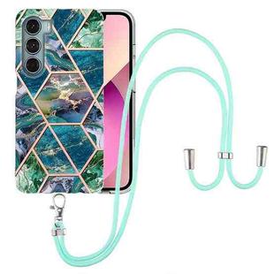 For Motorola Moto G200 Electroplating Splicing Marble TPU Phone Case with Lanyard(Blue Green)